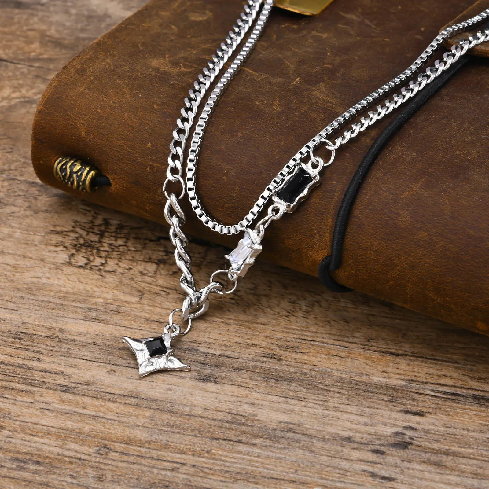 Men Stylish Black Stone Choker Necklaces,Chic Double Layers Chain Collar