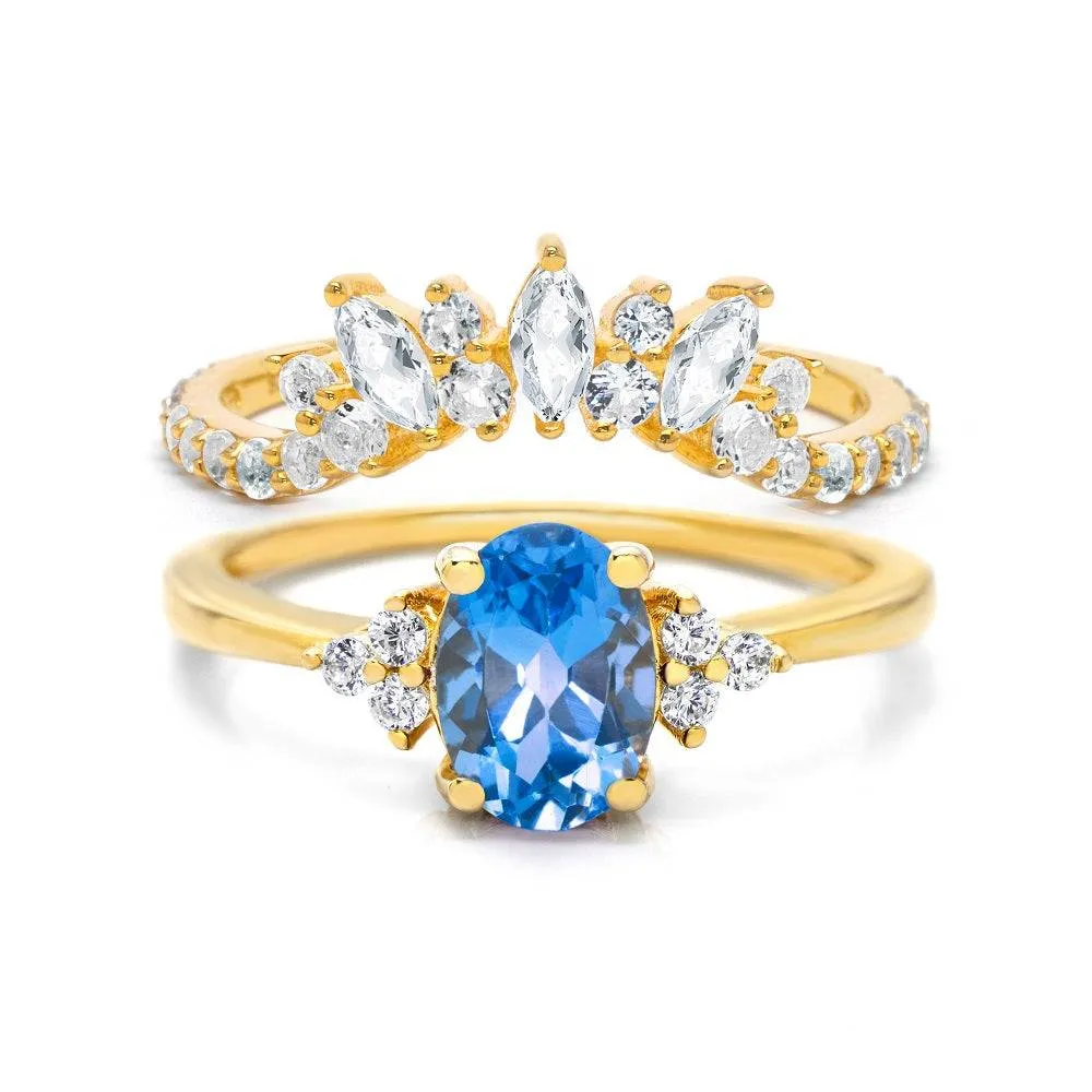 Natural Oval Blue Topaz & Glowing Glam Ring Set