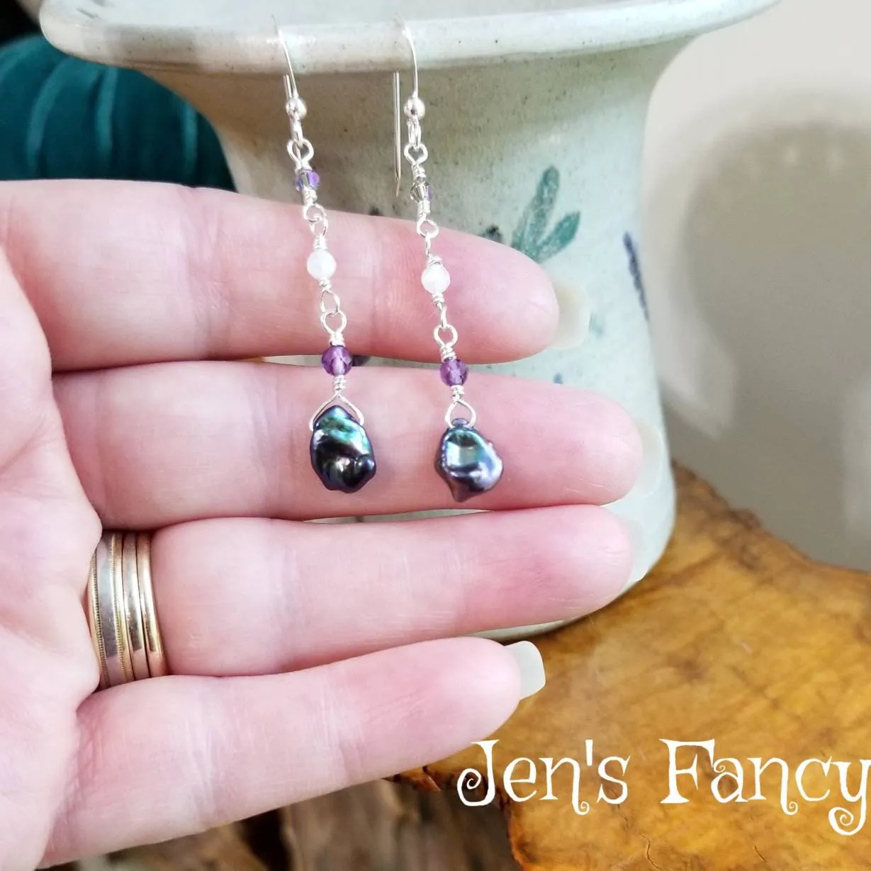 Pearl & Amethyst Earrings Sterling Silver Gemstone Drop Jewelry