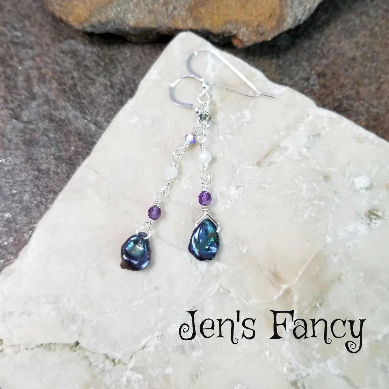 Pearl & Amethyst Earrings Sterling Silver Gemstone Drop Jewelry