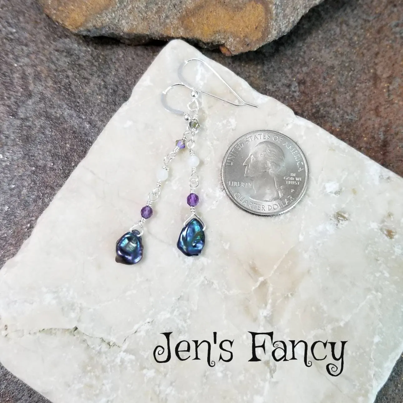 Pearl & Amethyst Earrings Sterling Silver Gemstone Drop Jewelry
