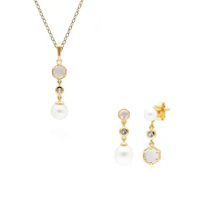 Pendentif et Boucles d'Oreilles Perle Moderne Argent 925 Plaqué Or Pierre de Lune, Opale et Perle