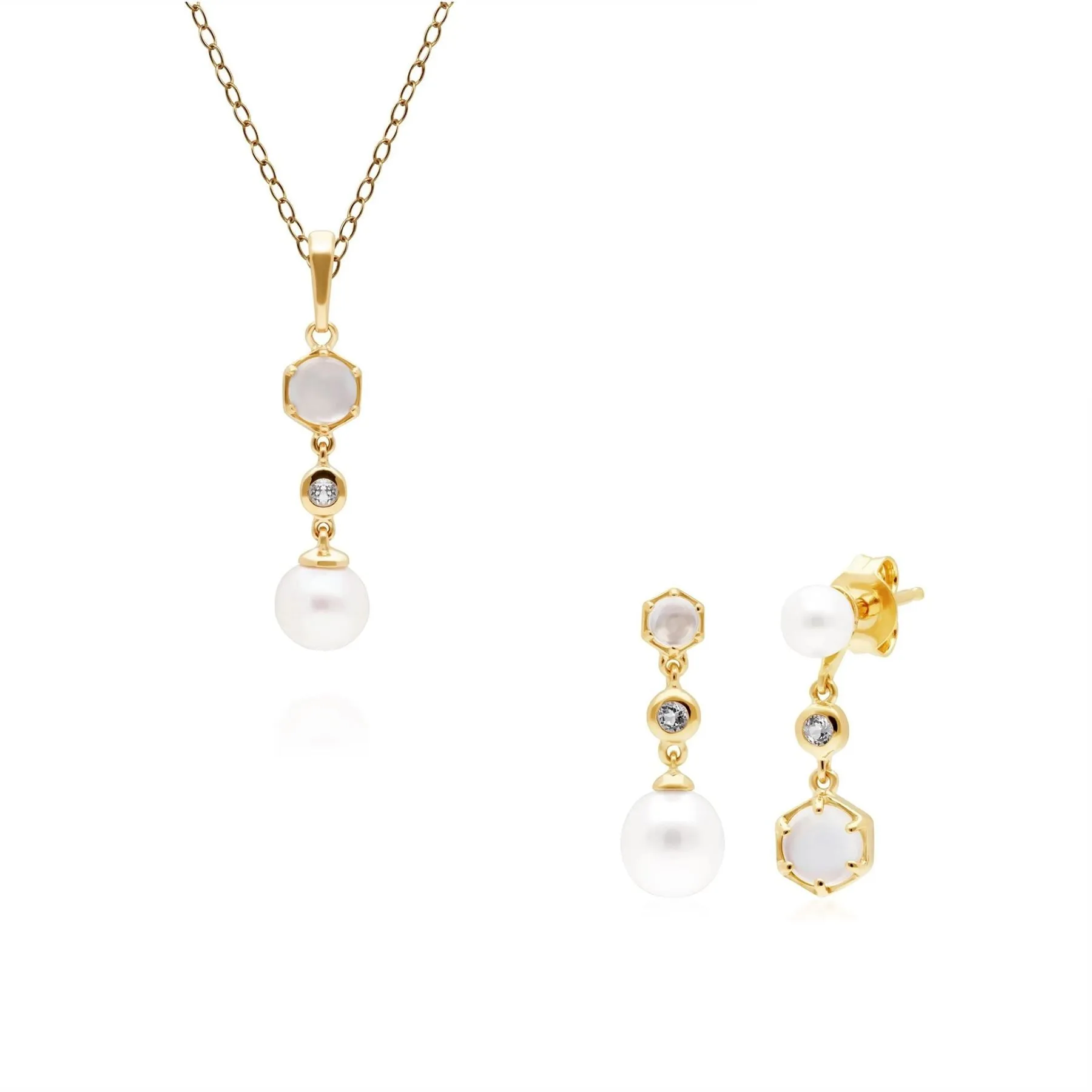 Pendentif et Boucles d'Oreilles Perle Moderne Argent 925 Plaqué Or Pierre de Lune, Opale et Perle