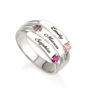 Personalised Three Name Plates and Birthstones Stacker Ring