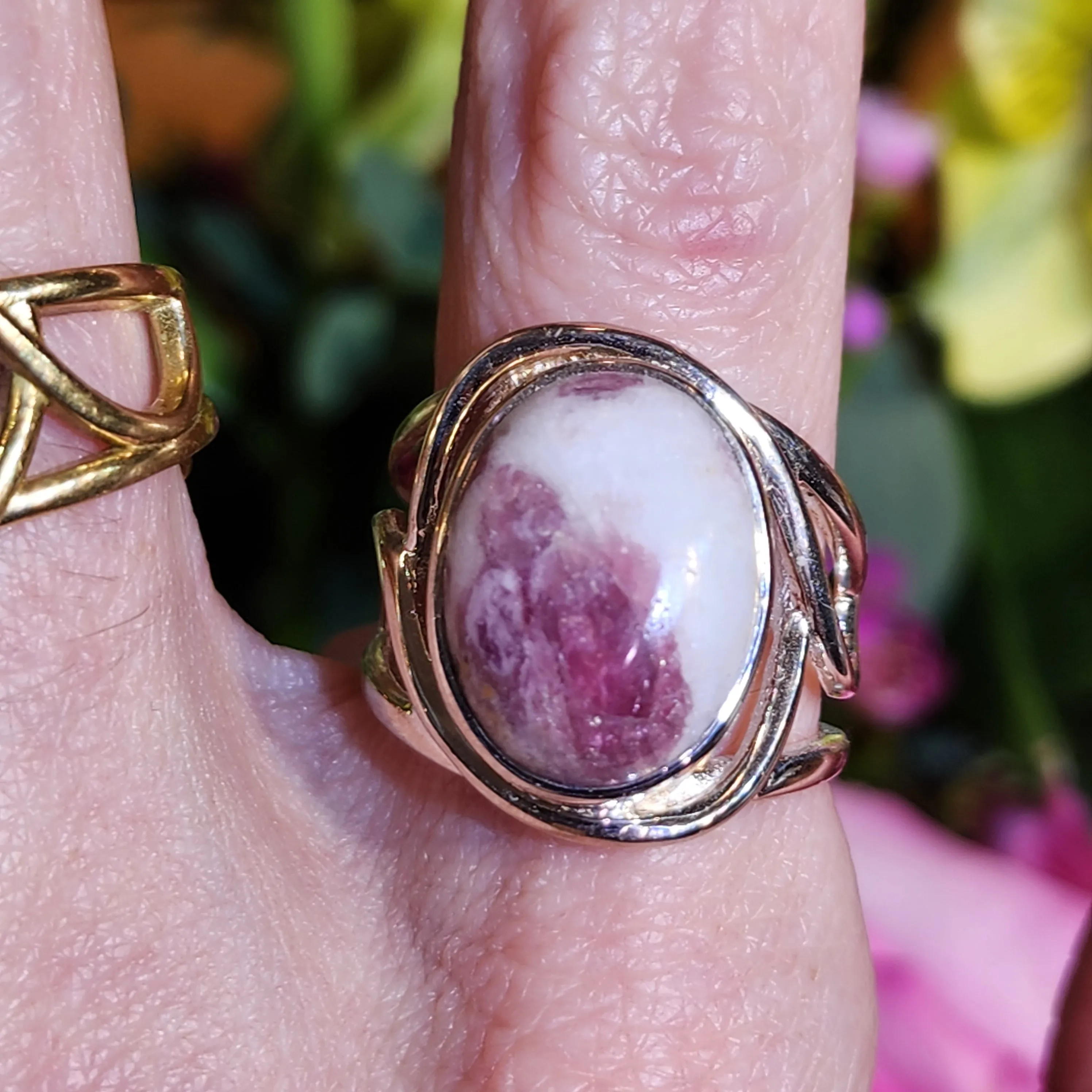 Pink Tourmaline in Quartz Finger Cuff Adjustable Ring .925 Sterling Silver for Emotional Healing, Kindness and Joy