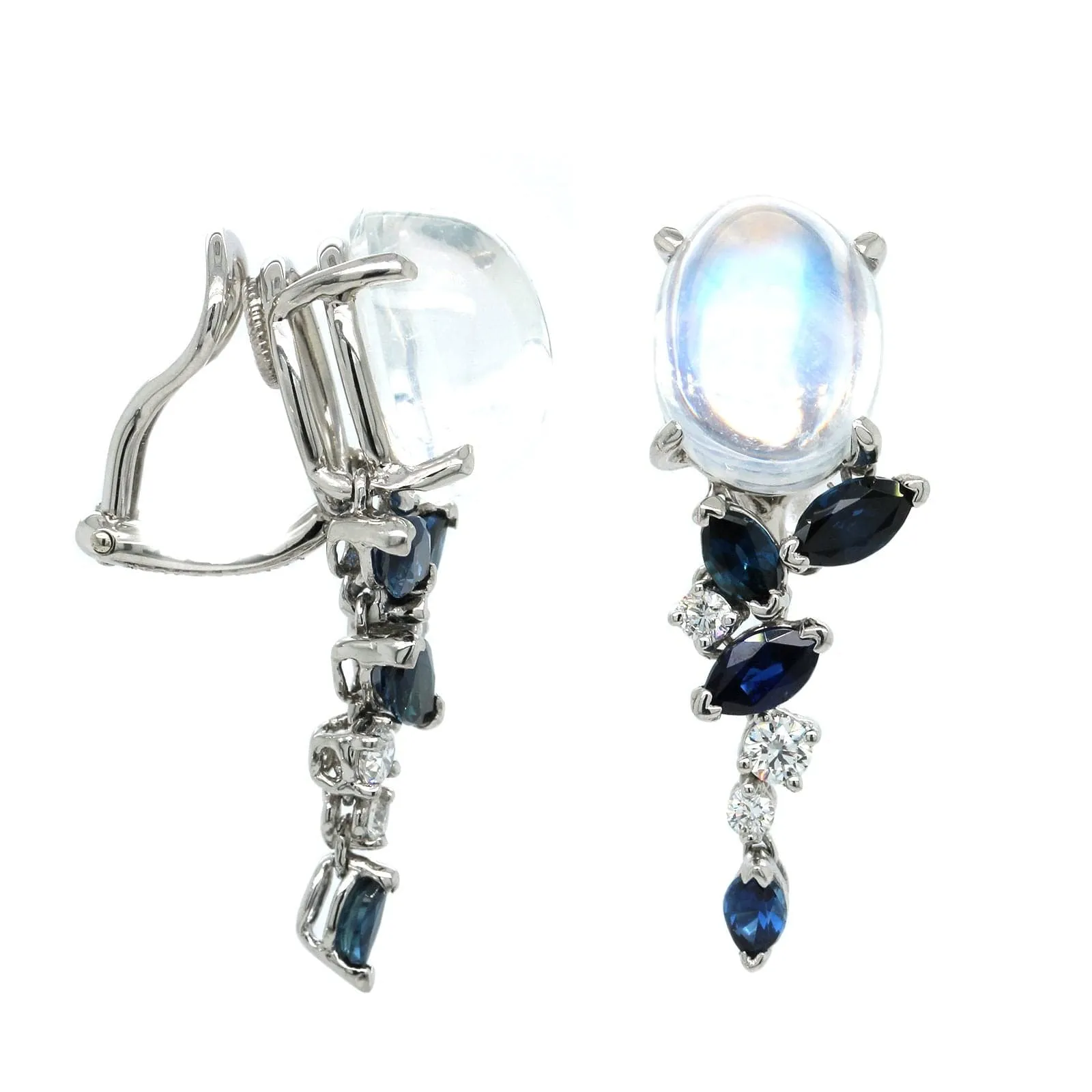 Platinum Moonstone with Sapphire and Diamond Dangle Earrings