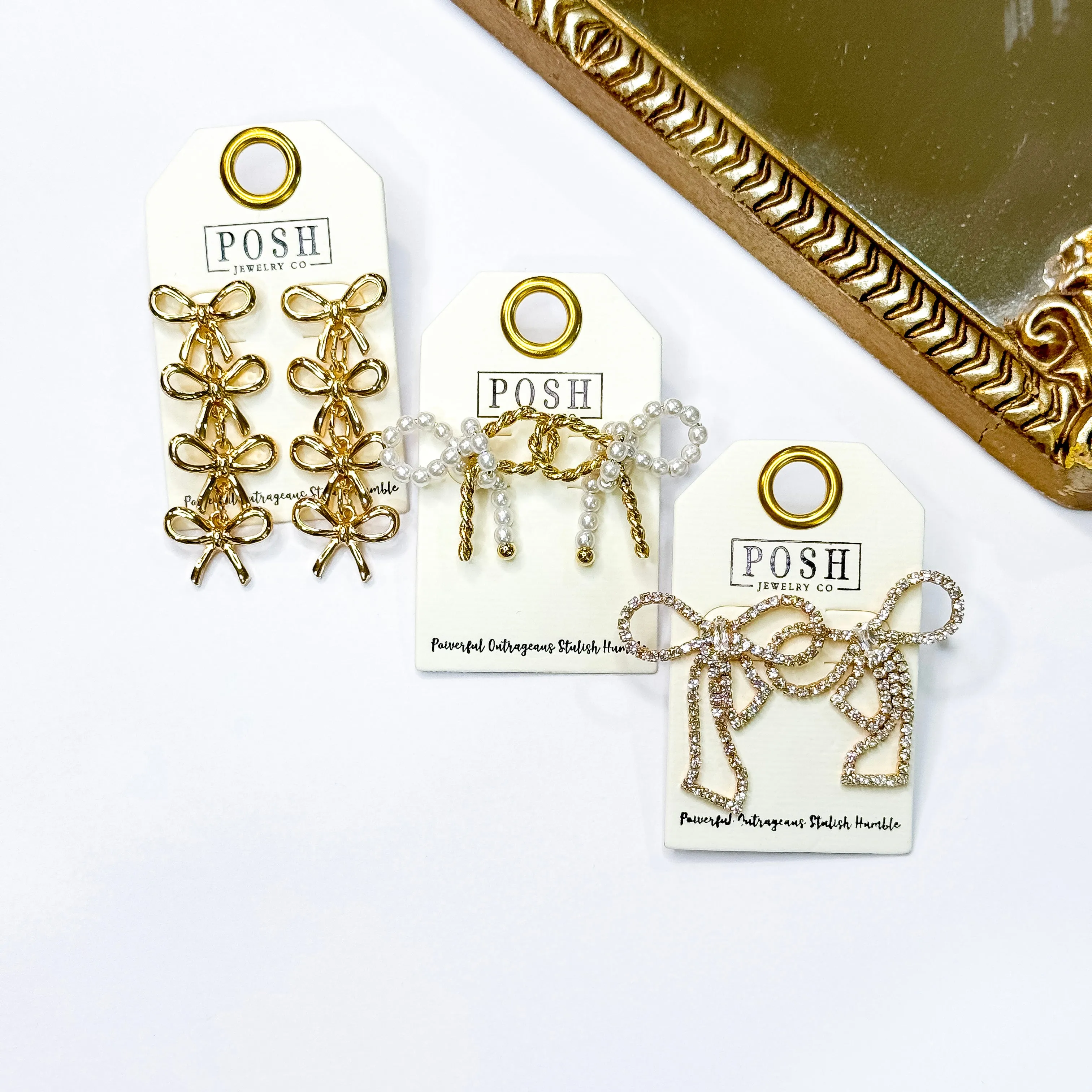 Posh by Pink Panache | Twisted Bliss Gold Tone Pearl Bow Stud Earrings