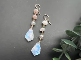 Rainbow moonstone earrings, 14k gold wrapped, Minimalist dangles, peach moonstone dangles