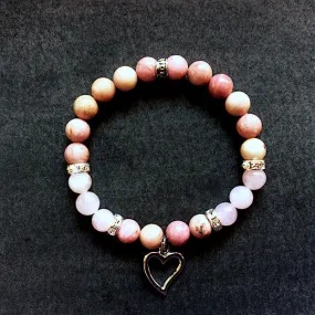 Rhodonite & Rose Quartz  Stretch Bracelet 8Mm W/ Heart Charm