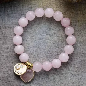 Rose Quartz Heart Charm & Beads Stretchy Bracelet