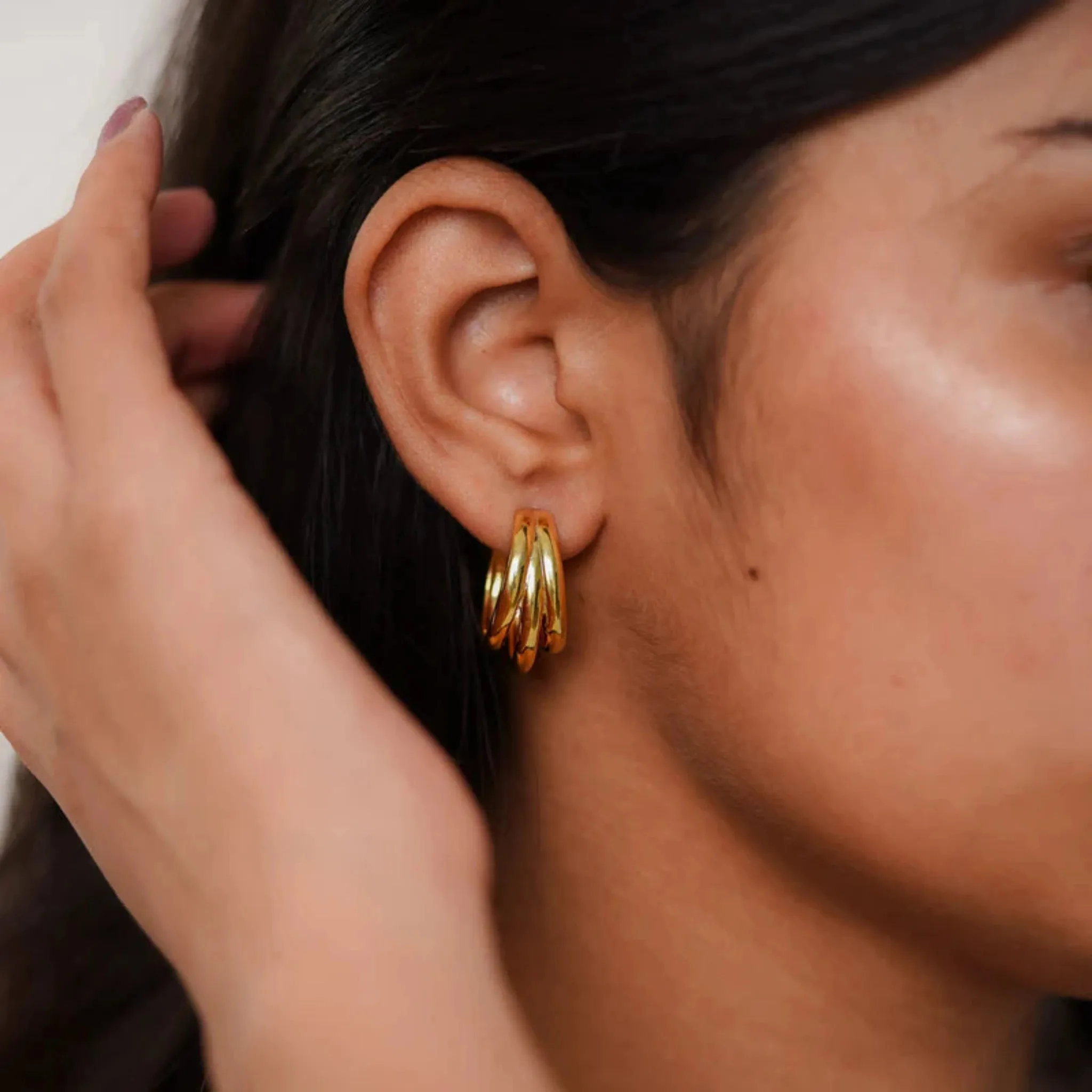 Silver Statement Hoop Twisted Layered Yellow Gold Earring For Woman