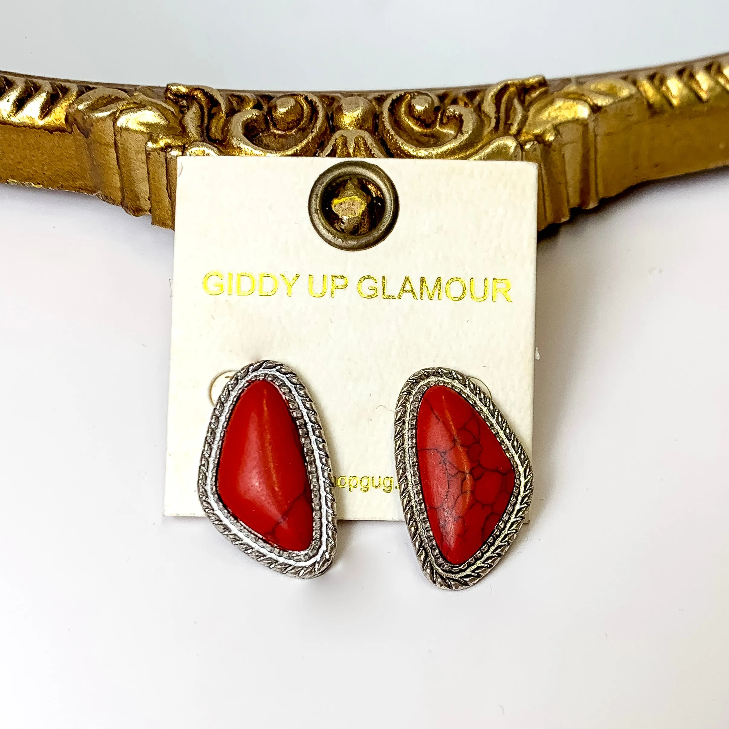 Silver Tone Irregular Shaped Faux Stone Post Earrings in Dark Red