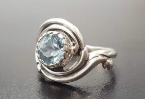 Solitaire Blue Topaz Ring - Swirl Silver Ring - Blue Topaz Spiral Ring