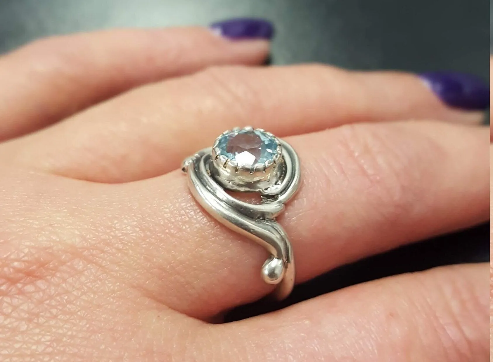 Solitaire Blue Topaz Ring - Swirl Silver Ring - Blue Topaz Spiral Ring