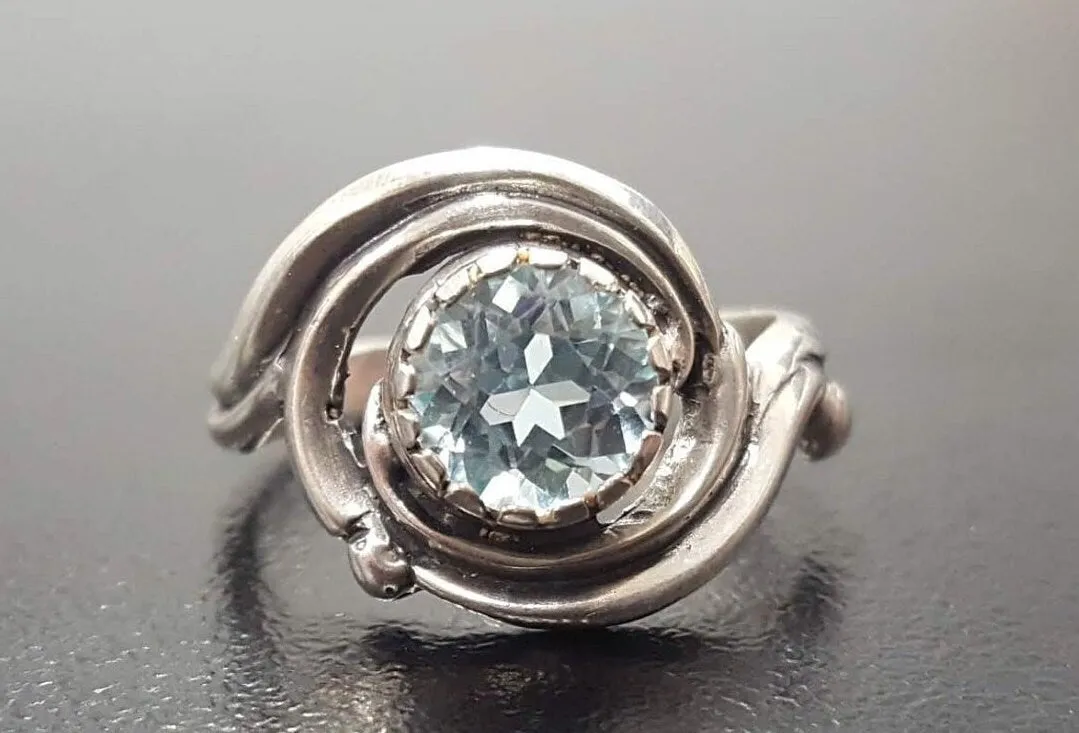 Solitaire Blue Topaz Ring - Swirl Silver Ring - Blue Topaz Spiral Ring