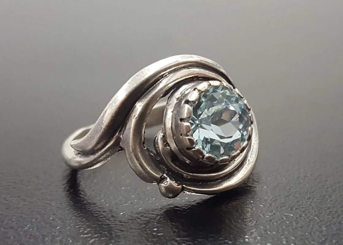 Solitaire Blue Topaz Ring - Swirl Silver Ring - Blue Topaz Spiral Ring