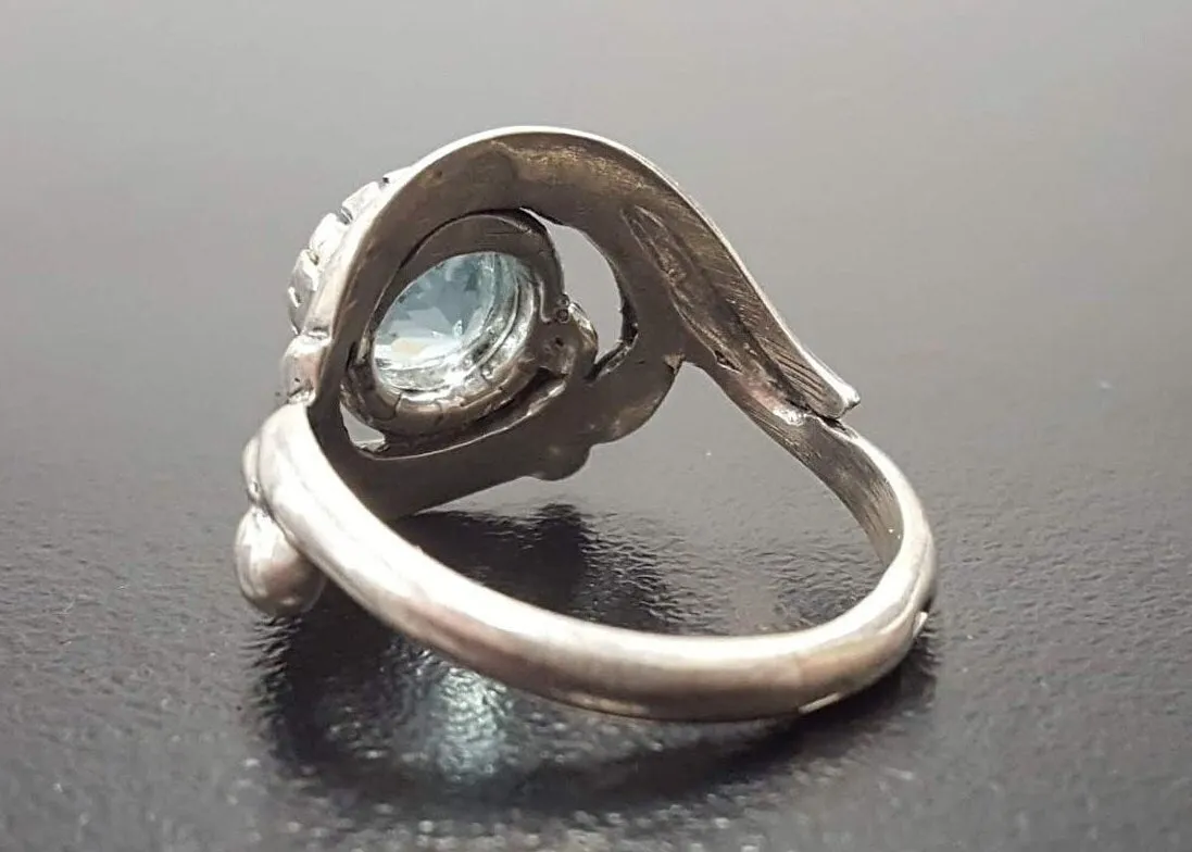 Solitaire Blue Topaz Ring - Swirl Silver Ring - Blue Topaz Spiral Ring