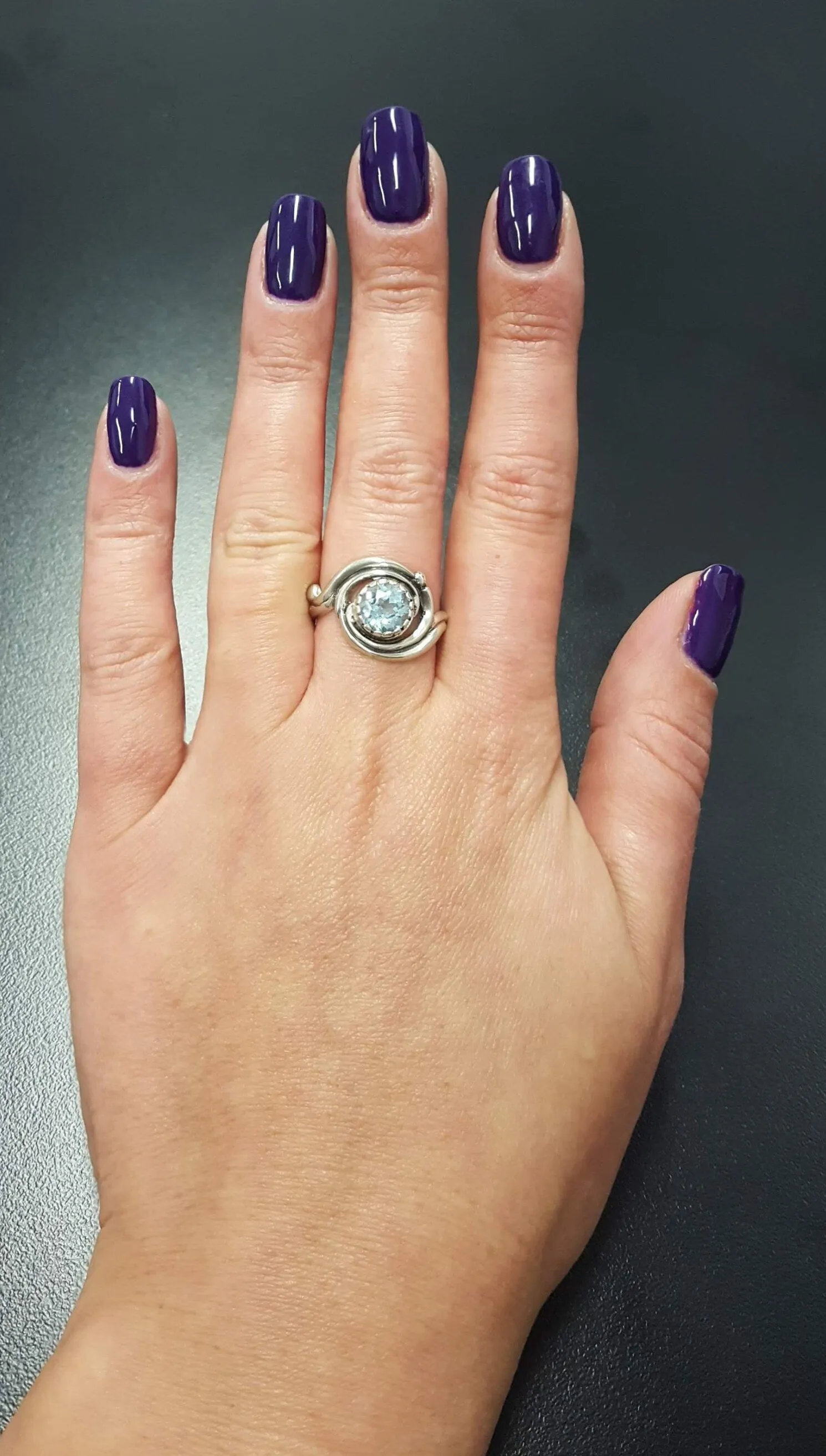 Solitaire Blue Topaz Ring - Swirl Silver Ring - Blue Topaz Spiral Ring
