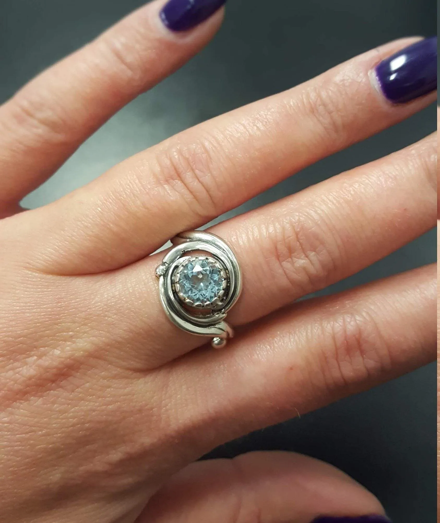 Solitaire Blue Topaz Ring - Swirl Silver Ring - Blue Topaz Spiral Ring