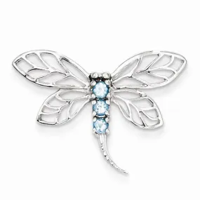 Sterling Silver Rhodium Light Swiss Blue Topaz Dragonfly Pendant