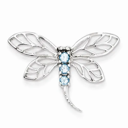 Sterling Silver Rhodium Light Swiss Blue Topaz Dragonfly Pendant