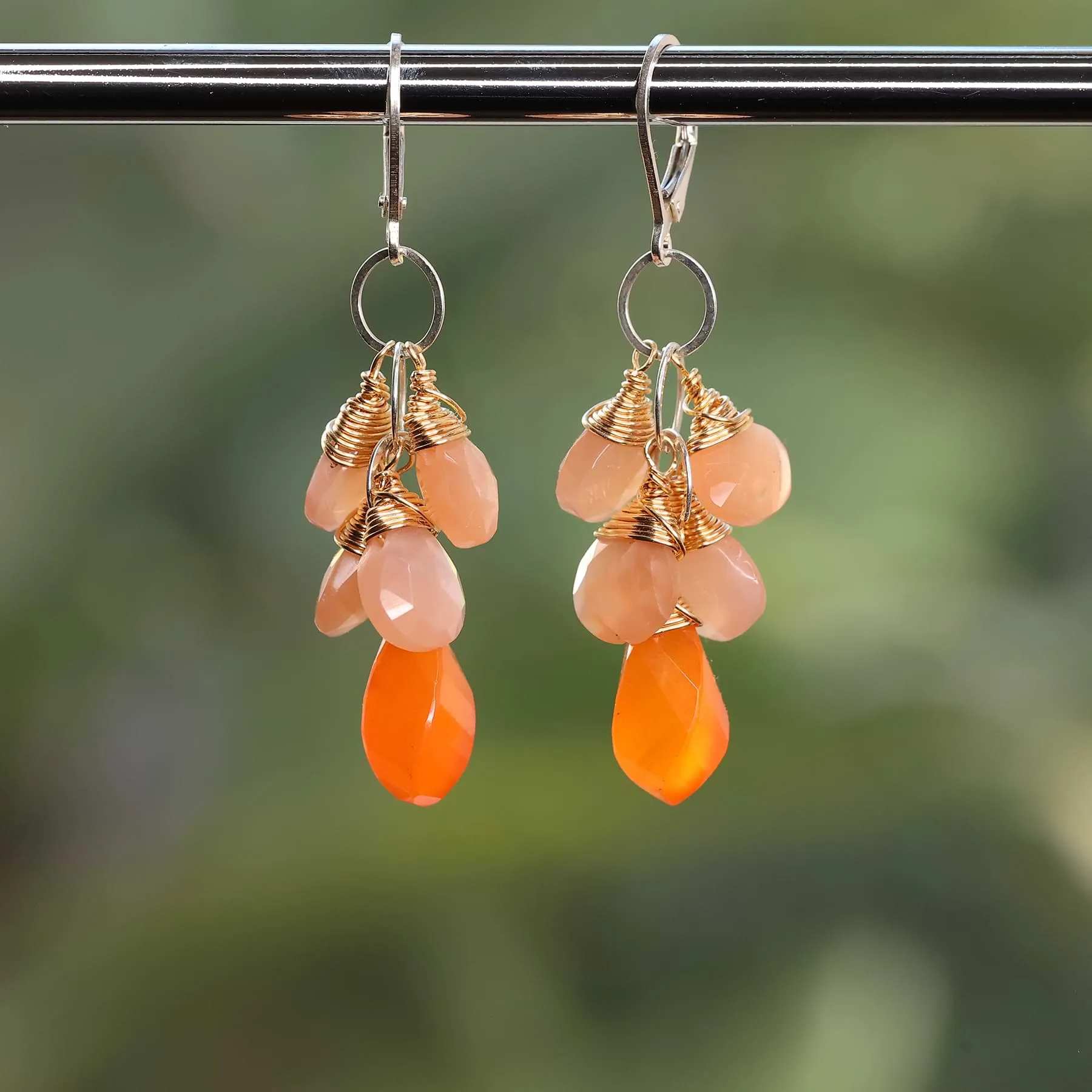 Sunset Beach - Peach Moonstones and Carnelian Gold Cluster Earrings
