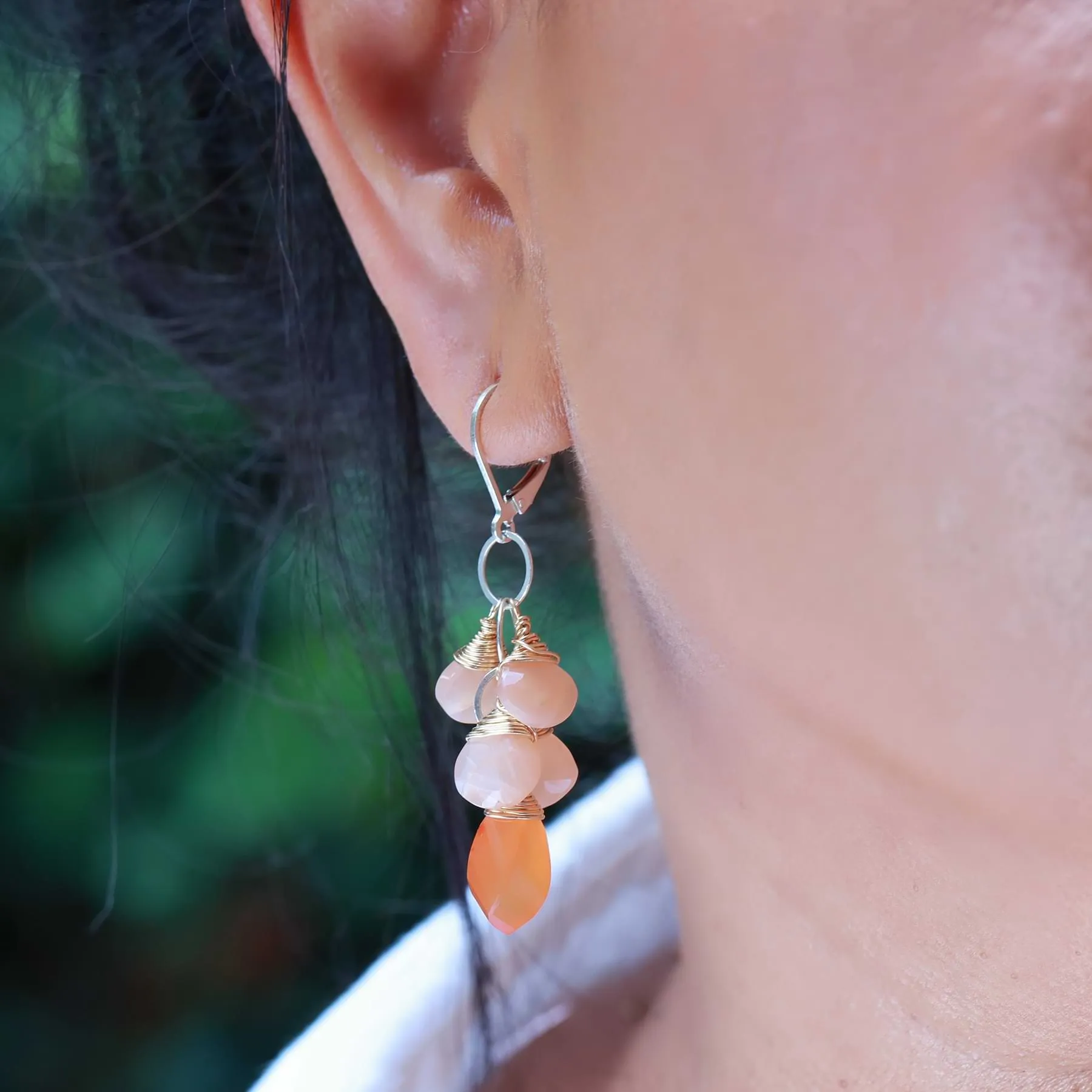 Sunset Beach - Peach Moonstones and Carnelian Gold Cluster Earrings