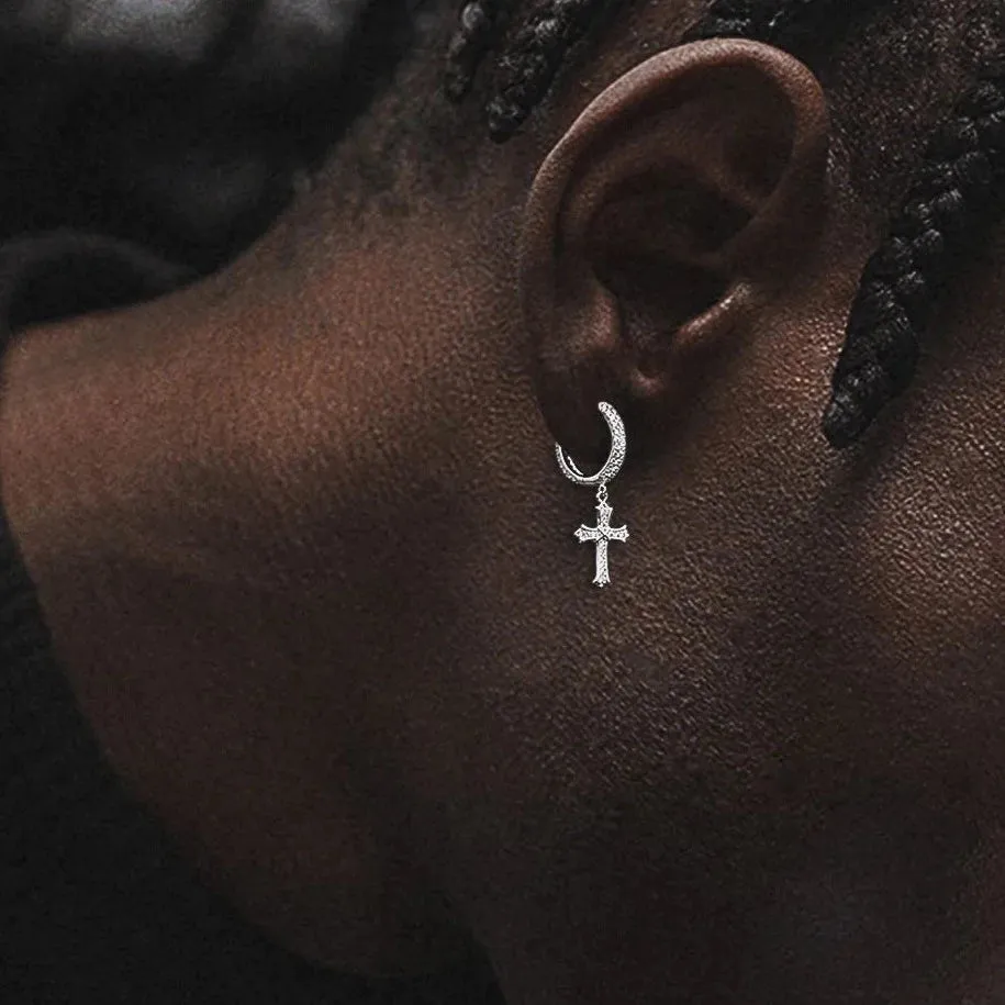 The Wisdom Ⅱ® -925 Sterling Silver Diamond Iced Out Hoop Dangle Iris Cross Earrings
