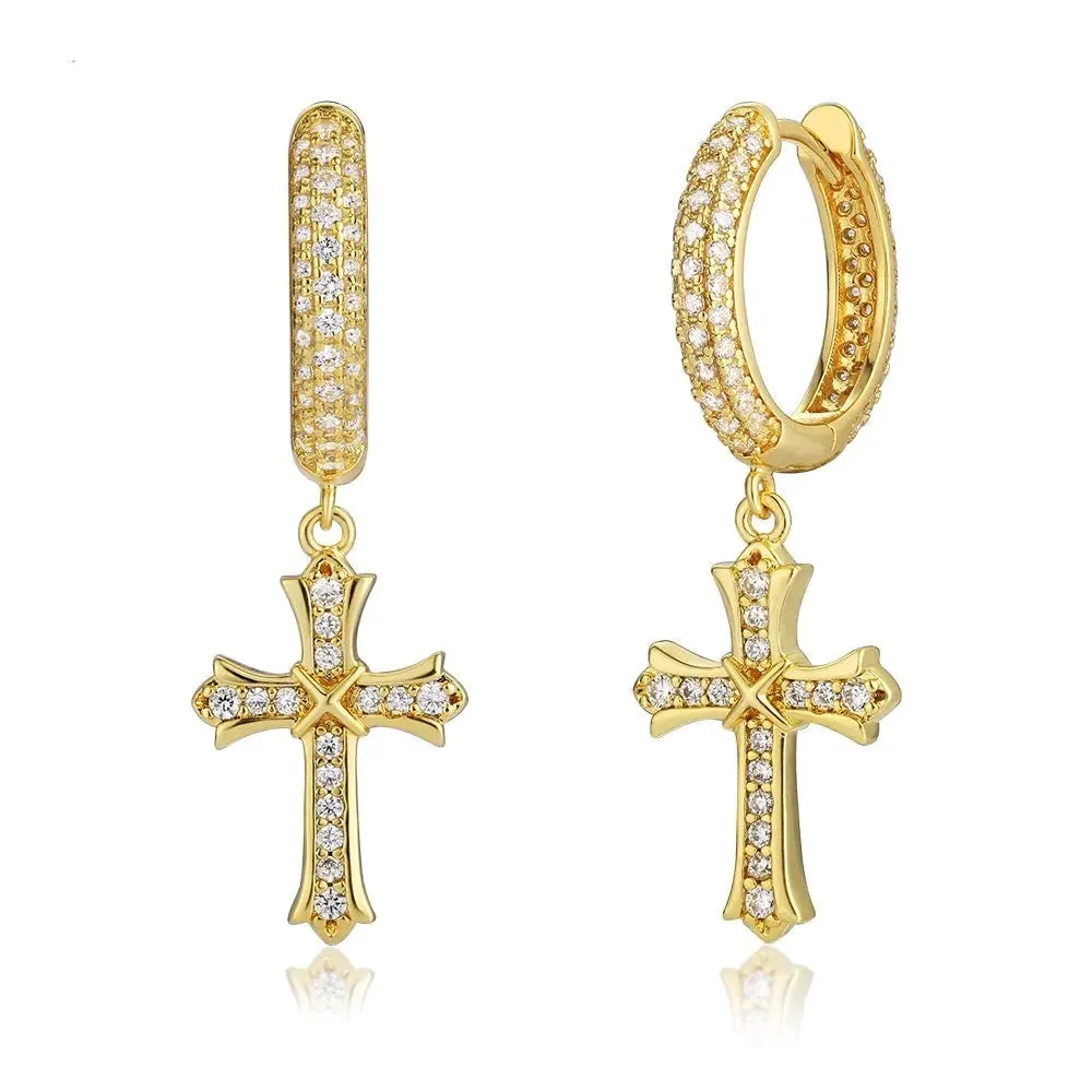 The Wisdom Ⅱ® -925 Sterling Silver Diamond Iced Out Hoop Dangle Iris Cross Earrings