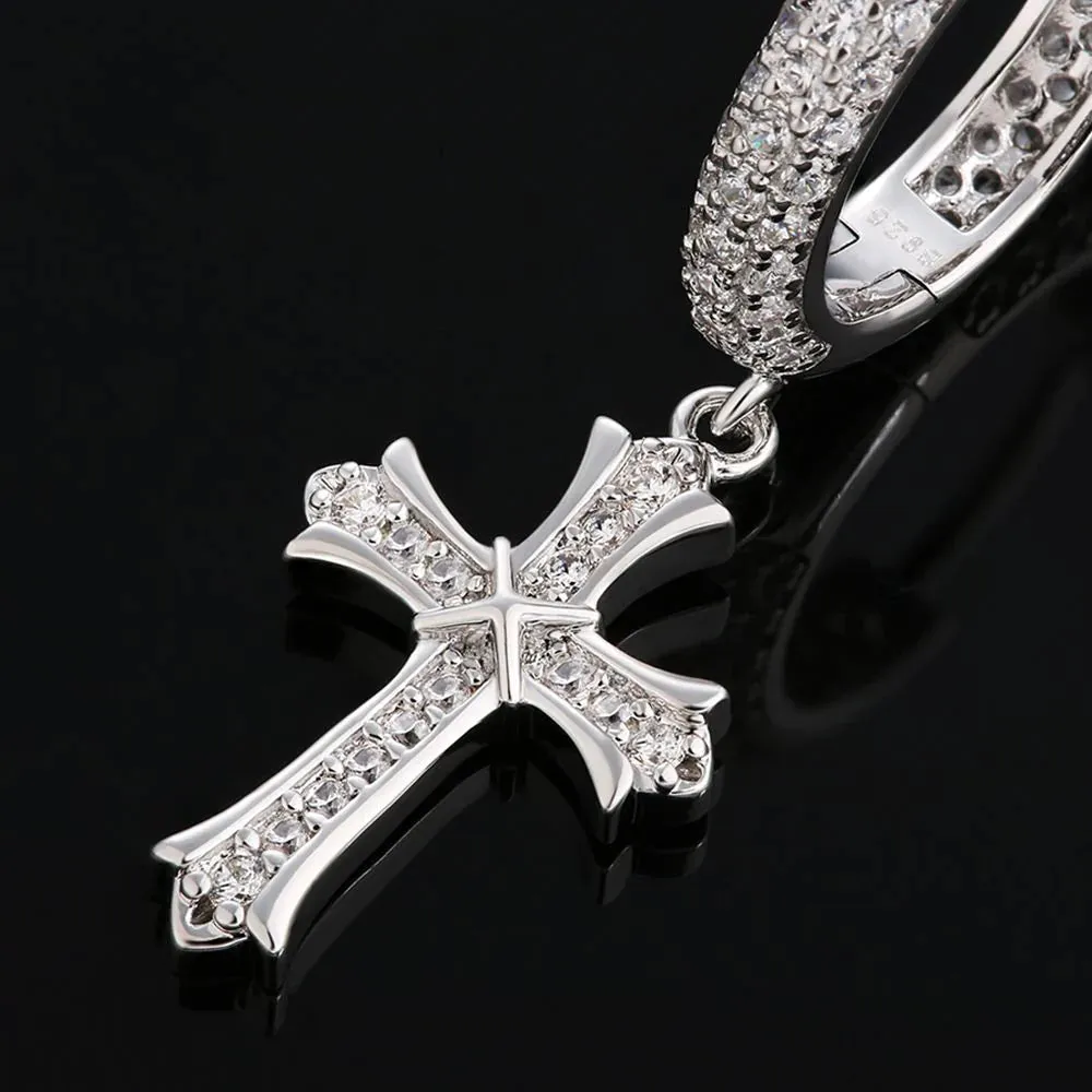 The Wisdom Ⅱ® -925 Sterling Silver Diamond Iced Out Hoop Dangle Iris Cross Earrings