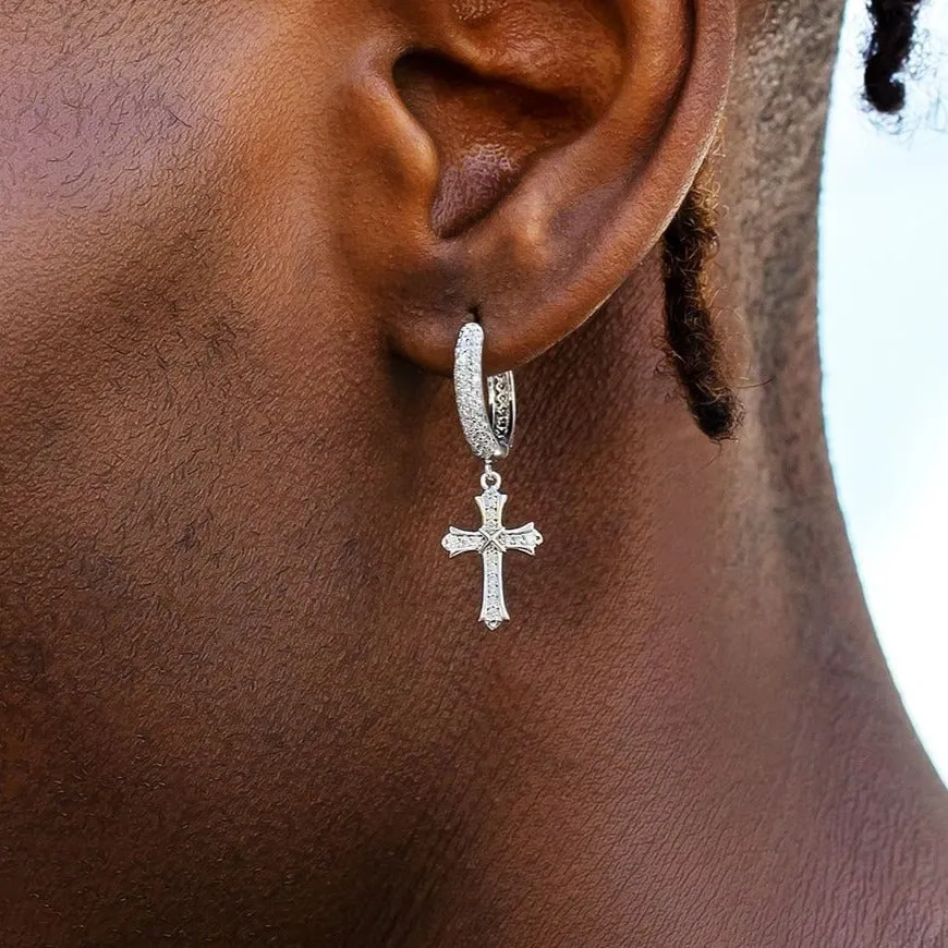 The Wisdom Ⅱ® -925 Sterling Silver Diamond Iced Out Hoop Dangle Iris Cross Earrings
