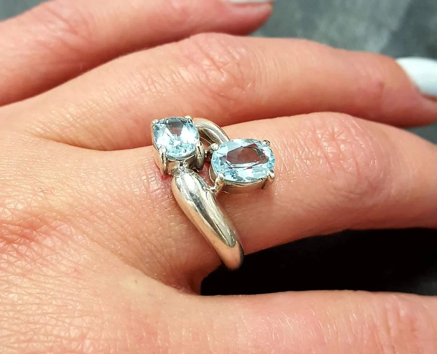 Two Stone Topaz Ring - Blue Bypass Ring - Genuine Blue Topaz Ring