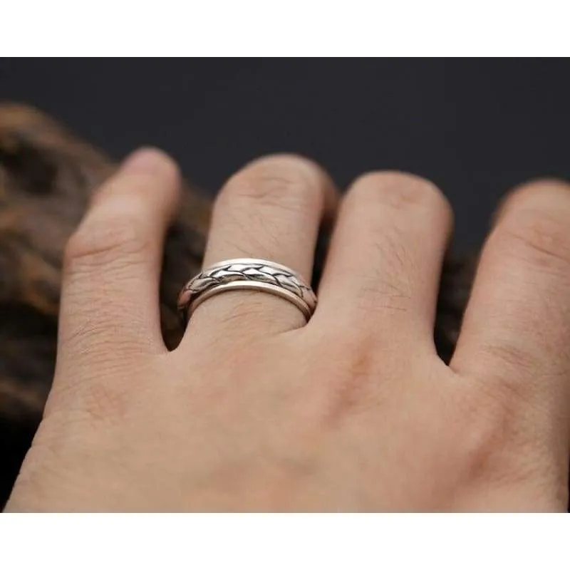Woven Band Rotating Spinner Ring Men 100% Real Solid 925 Sterling Silver Simple Style Cool Men Silver 925 Jewelry